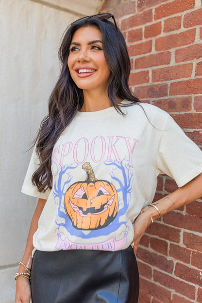 Spooky Pumpkin Print Round Neck Halloween T Shirt | White