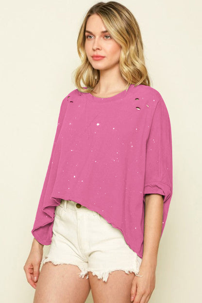 Distressed Bleached Asymmetric Hem Short Sleeve Top | Pink