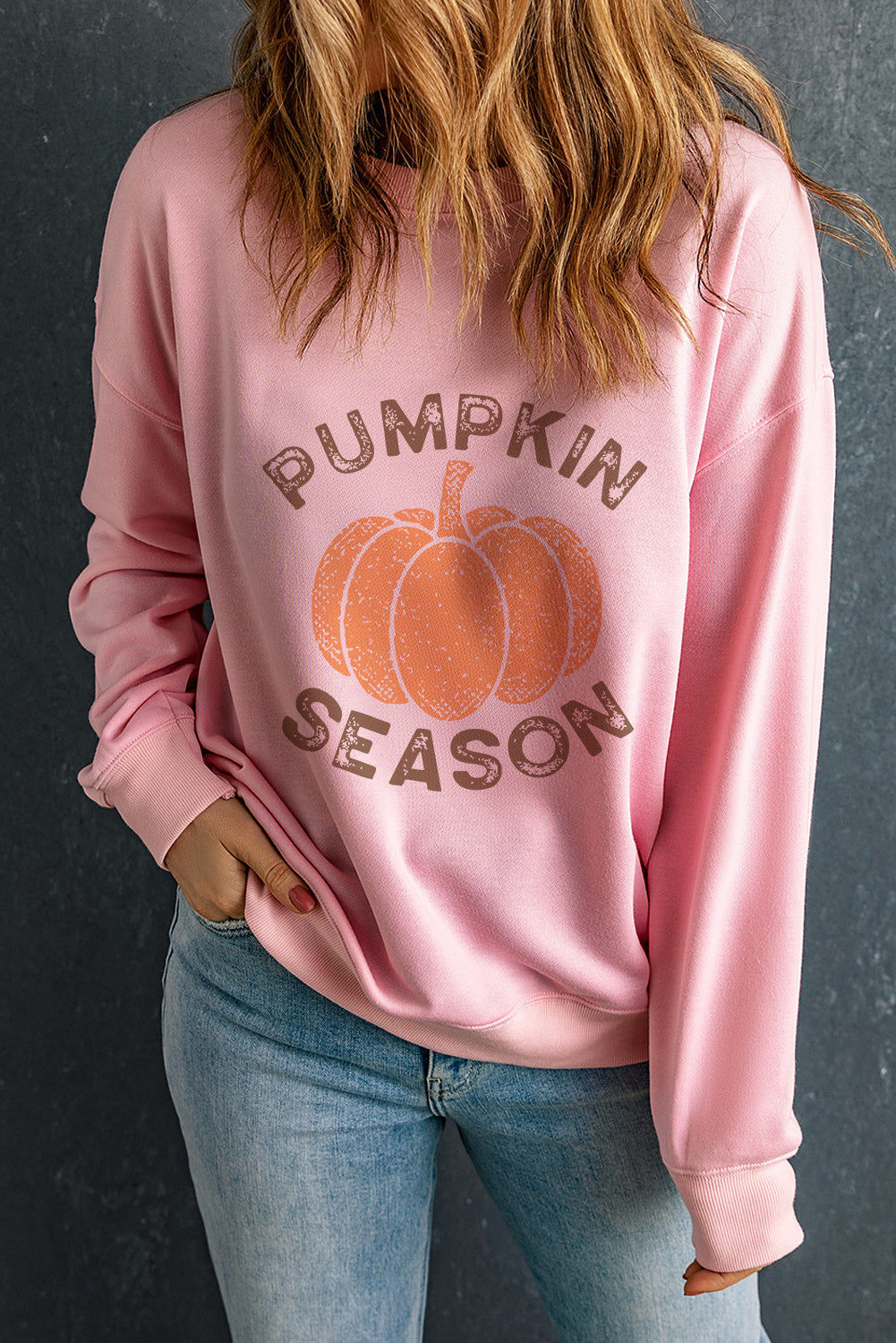 Pumpkin Season Crew Neck Drop Shoulder Sweatshirt | Pink