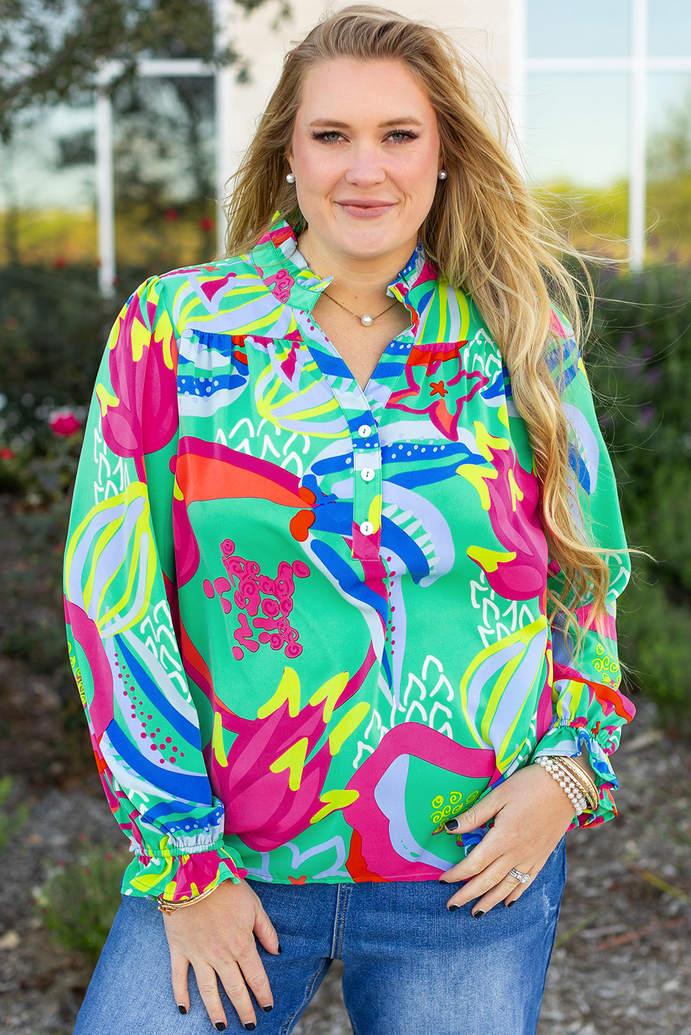 Abstract Printed Flounce Sleeve V Neck Buttoned Plus Size Blouse | Green