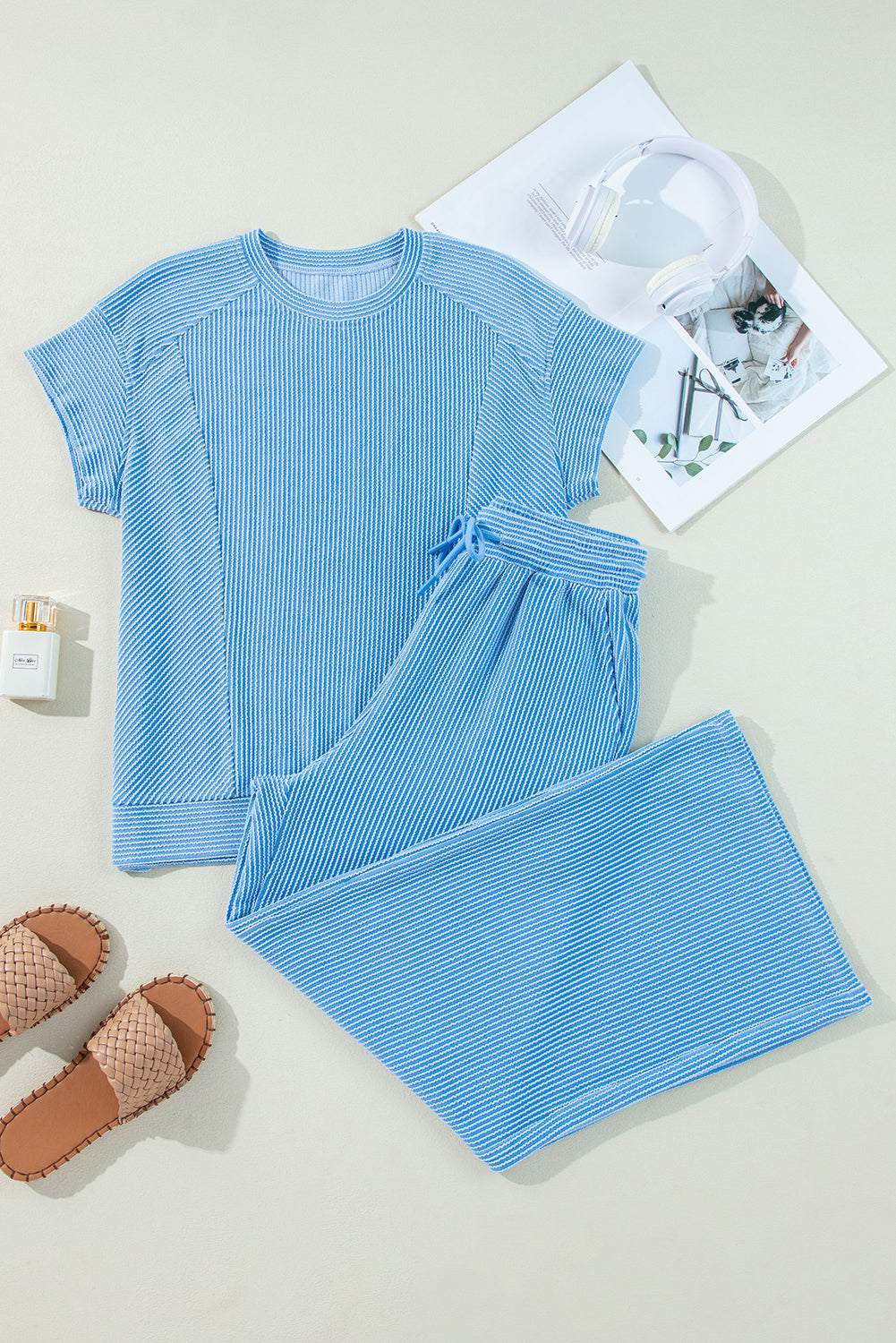 Solid Corded Knit Short Sleeve T Shirt And Wide Leg Pants Set | Blue