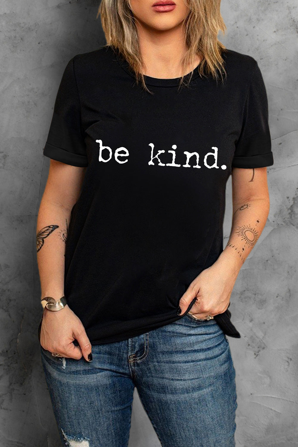 Be Kind Letter Print Round Neck Casual T Shirt | Black