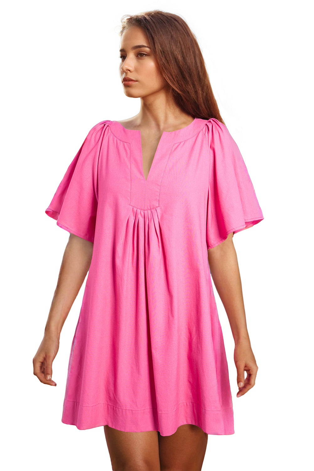 Split V Neck Short Flutter Sleeve Pleated Shift Dress | Bonbon