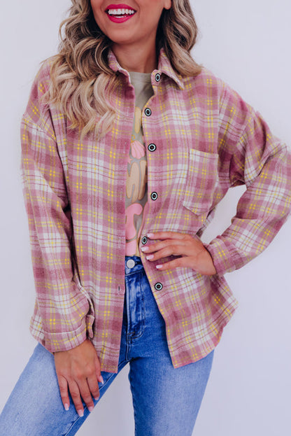 Plaid Print Chest Pocket Long Sleeve Shacket | Pink