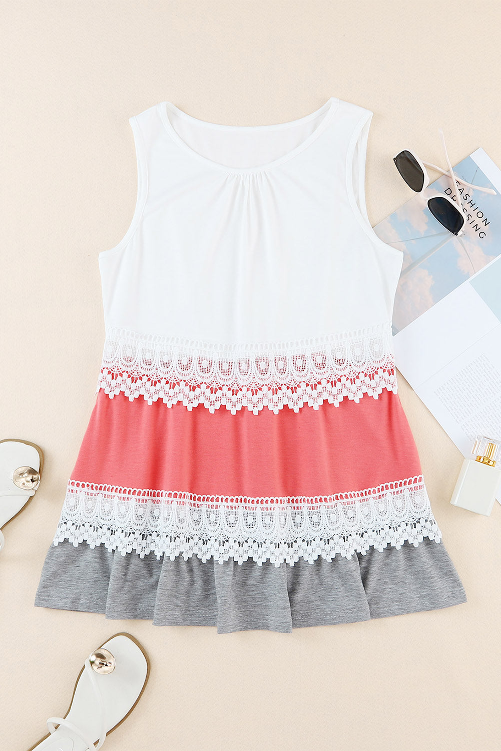 Crochet Lace Trim Colour Block Tank Top | White