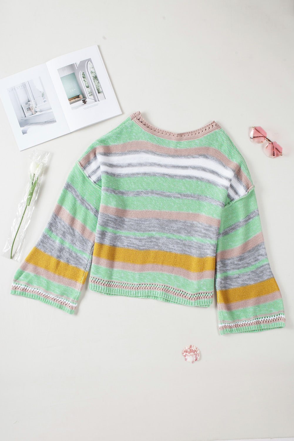 Striped Bell Sleeves Loose Sweater | Green