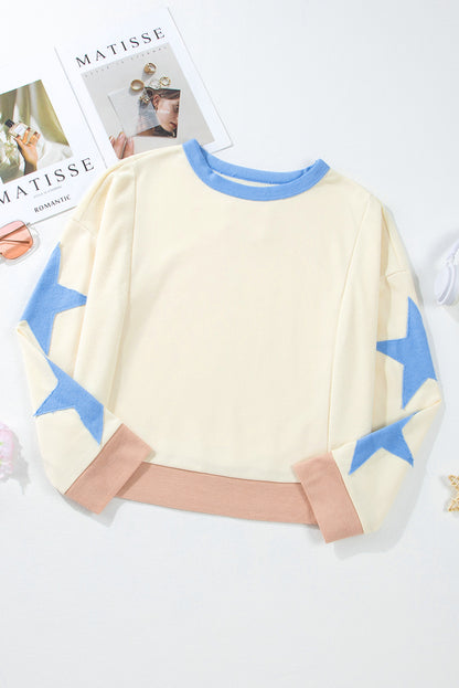 Star Patchwork Exposed Seam Oversized Sweatshirt | Beige