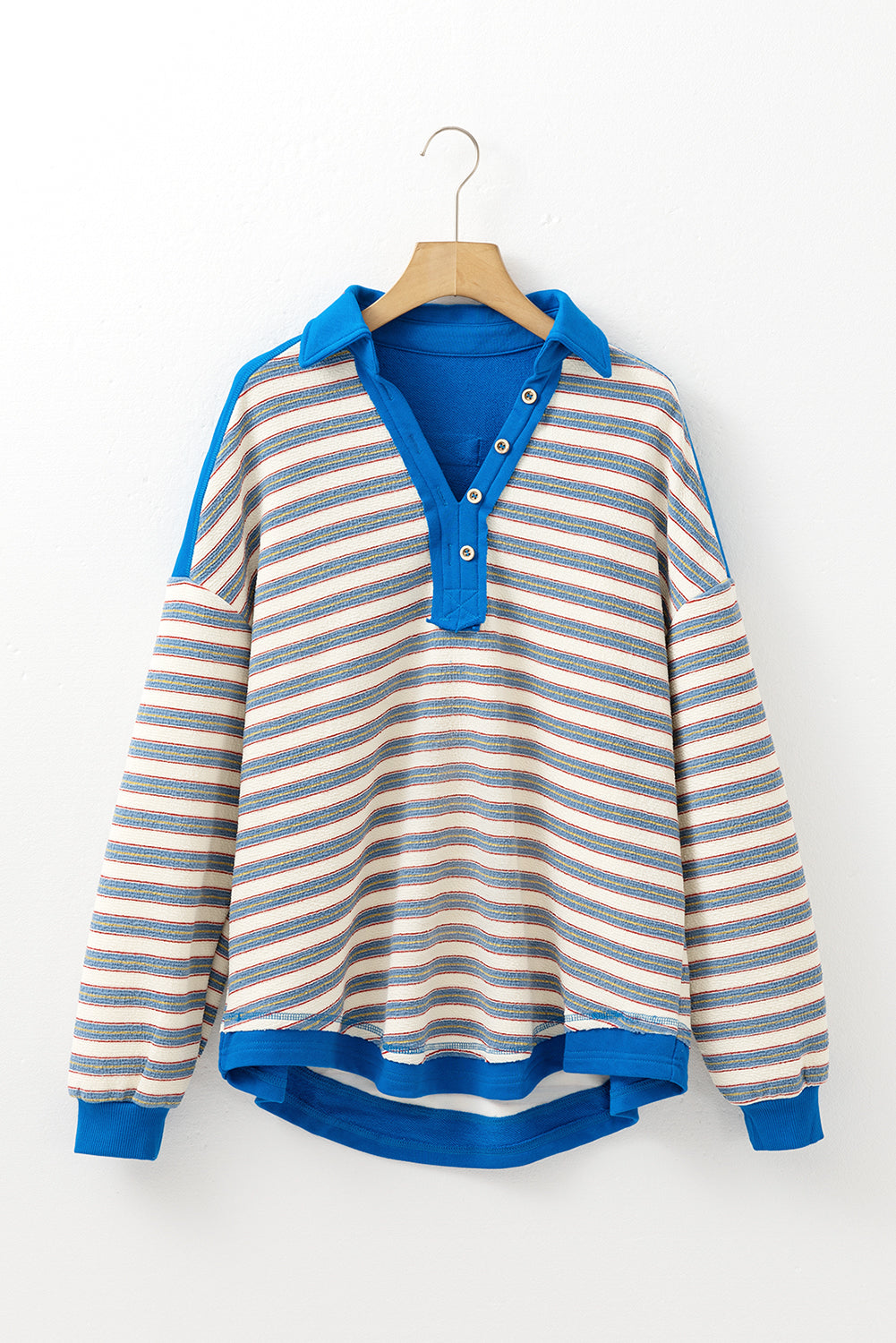 Buttoned V Neck Collared Drop Shoulder Top | Blue Stripe