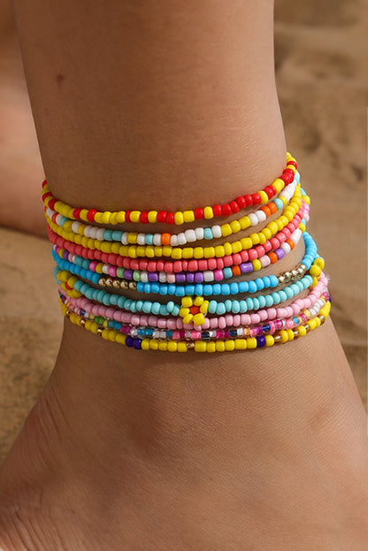 Flower Random Colour Multi Layered Beaded Anklet Set | Yellow