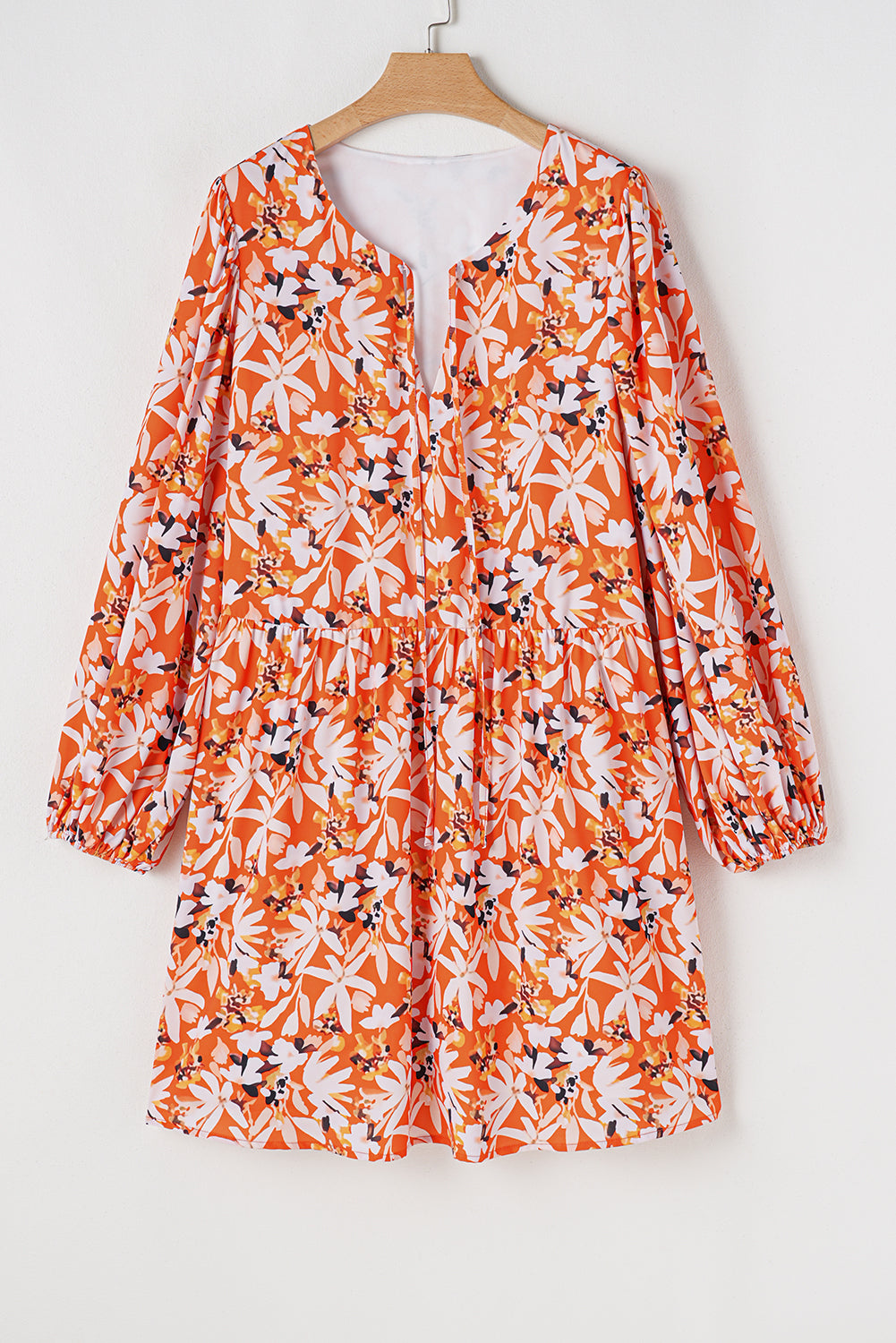 Floral Print Split V Neck Bubble Sleeve Plus Size Midi Dress | Orange