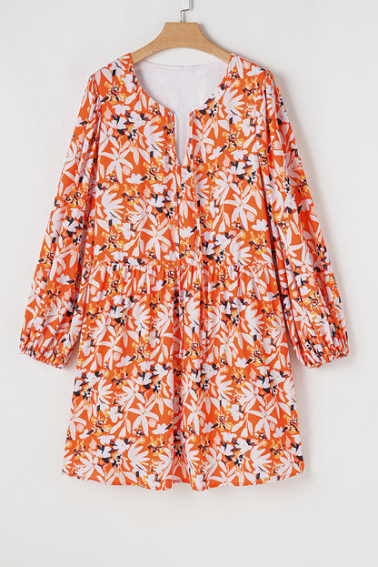 Floral Print Split V Neck Bubble Sleeve Plus Size Midi Dress | Orange