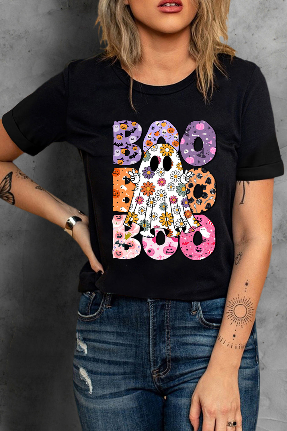 Boo Floral Ghost Print Crew Neck Halloween T Shirt | Black