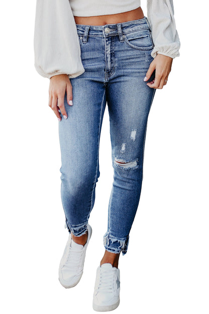 Distressed Frayed Ankle Skinny Jeans | Light Blue