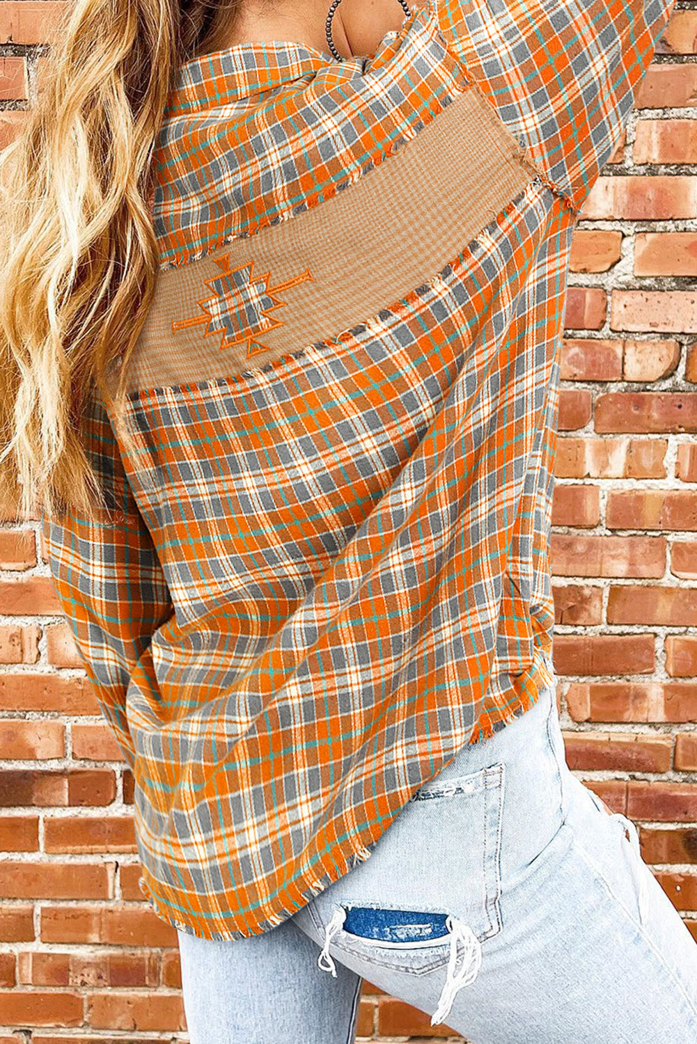 Plaid Embroidery Patch Button-Down Shacket | Orange