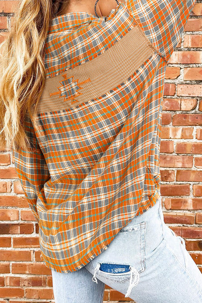 Plaid Embroidery Patch Button-Down Shacket | Orange