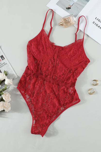 Fiery  Lace Panelled Teddy Lingerie | Red