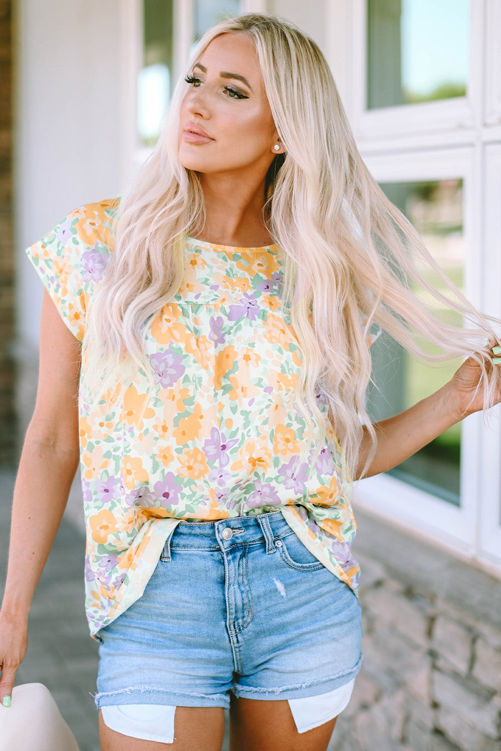 Floral Print Keyhole Back Short Sleeve Babydoll Blouse | Yellow