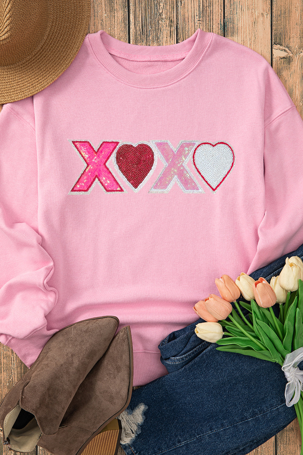 Sequin Heart Xoxo Graphic Drop Shoulder Valentines Sweatshirt | Pink