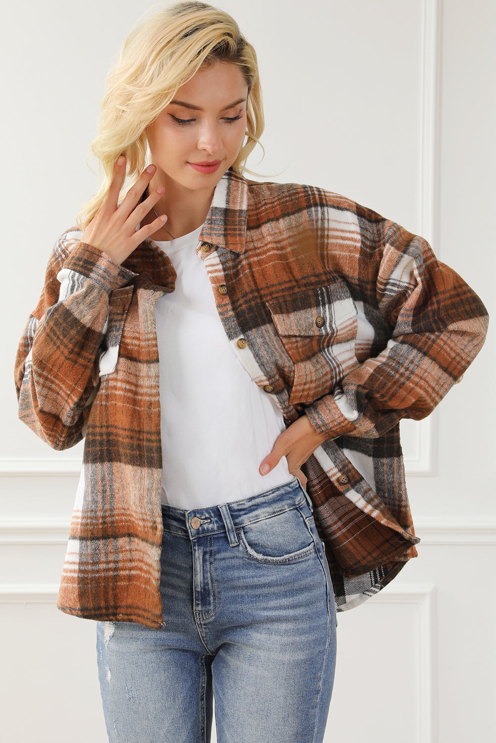 Brown Plaid Flap Pockets Shacket | Gold Flame