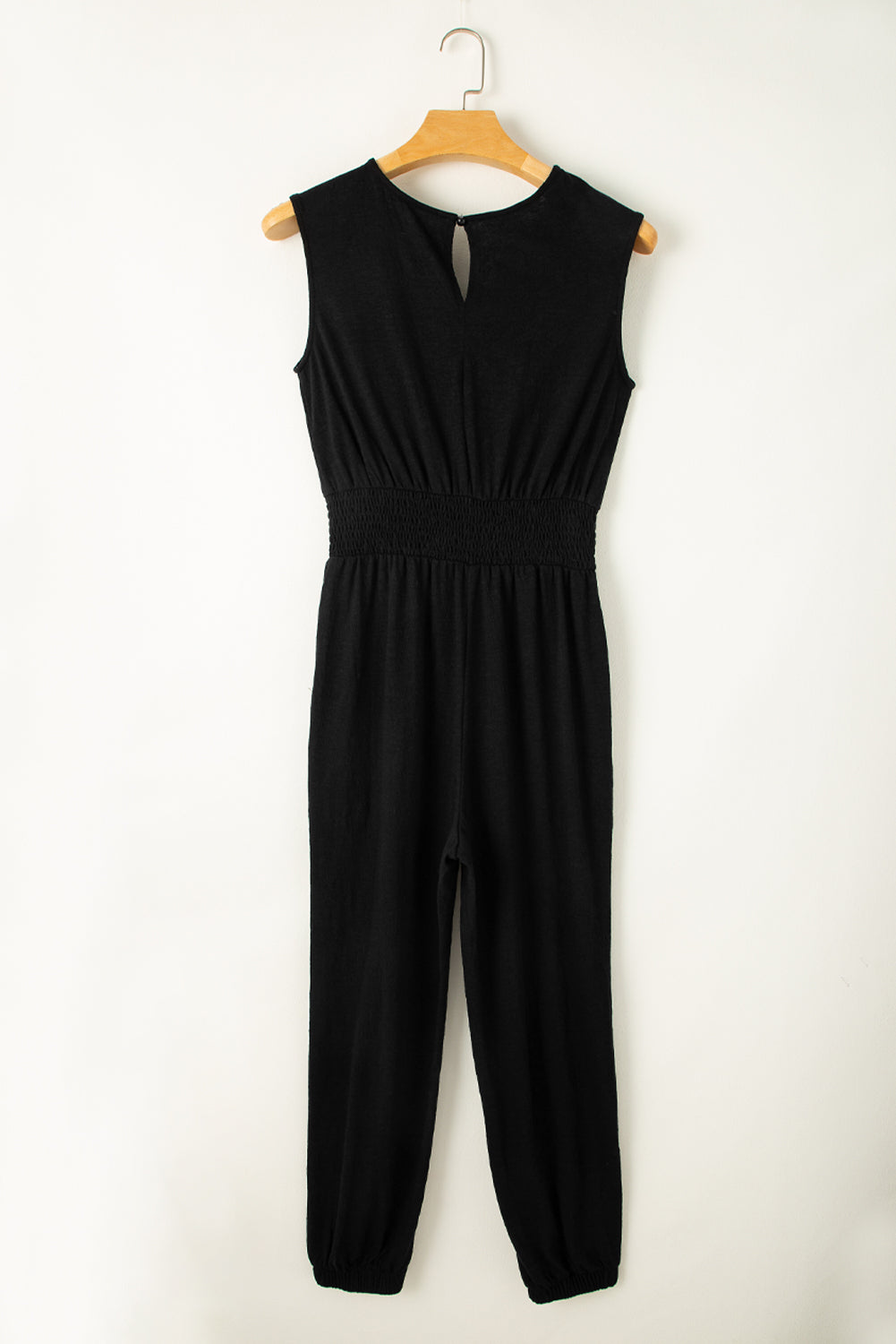 Shirred High Waist Sleeveless V Neck Jumpsuit | Black