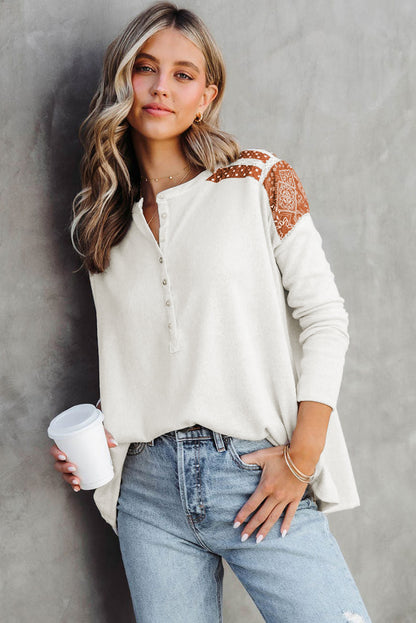 Contrast Crochet Lace Henley Top | White