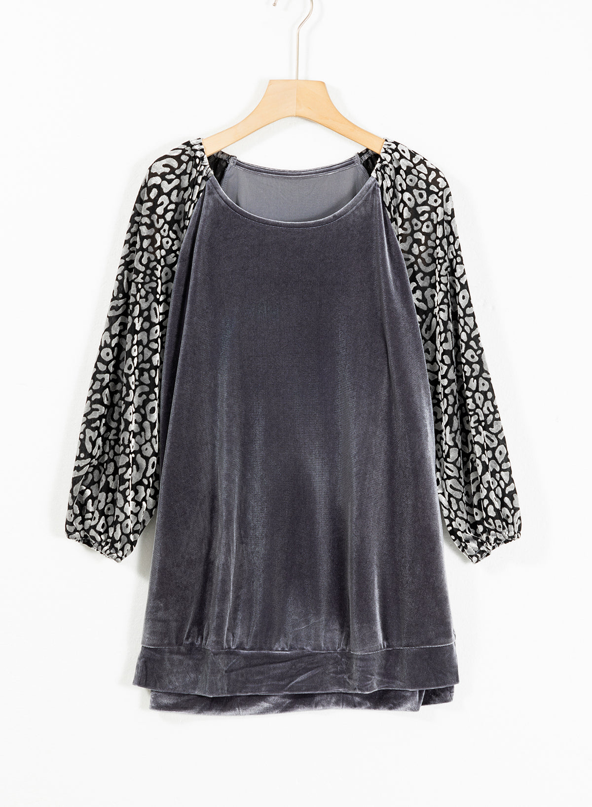 Leopard Splicing Lantern Sleeve Velvet Blouse | Medium Grey