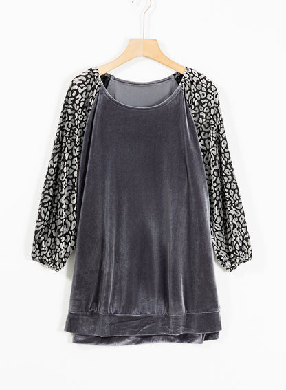 Leopard Splicing Lantern Sleeve Velvet Blouse | Medium Grey