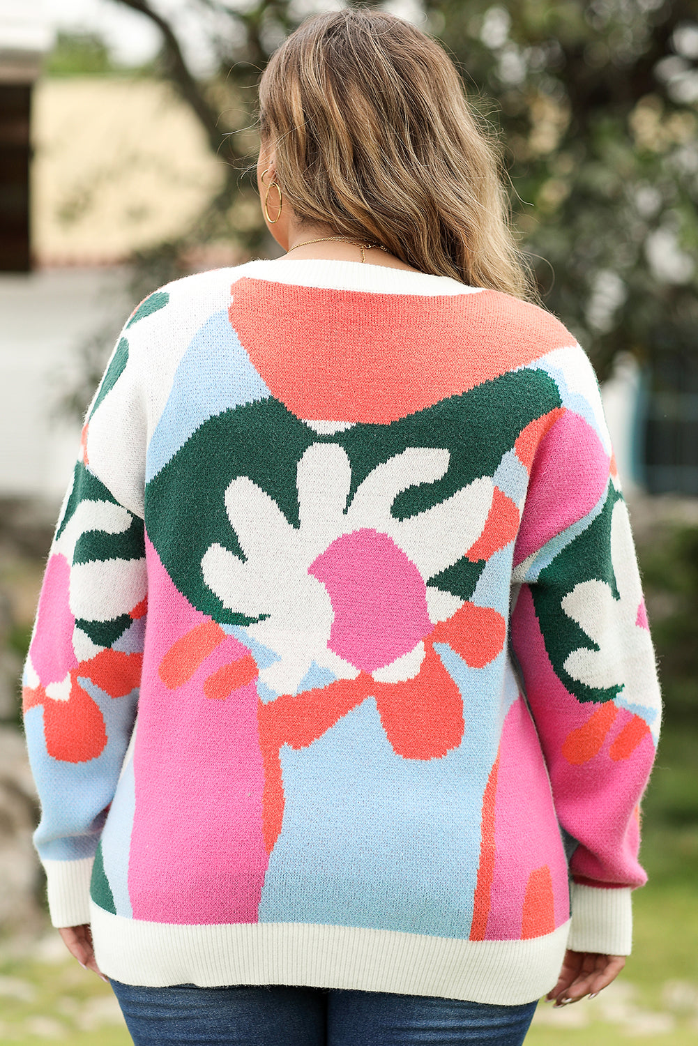 Plus Size Floral Drop Shoulder Sweater | Multicolour