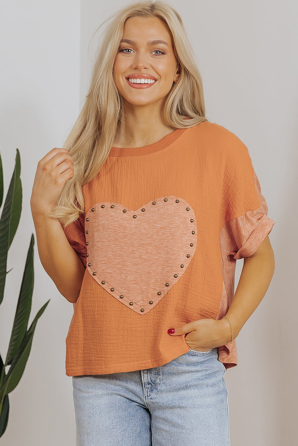 Stud Heart Patch Textured Front Dolman Top | Desert Gold