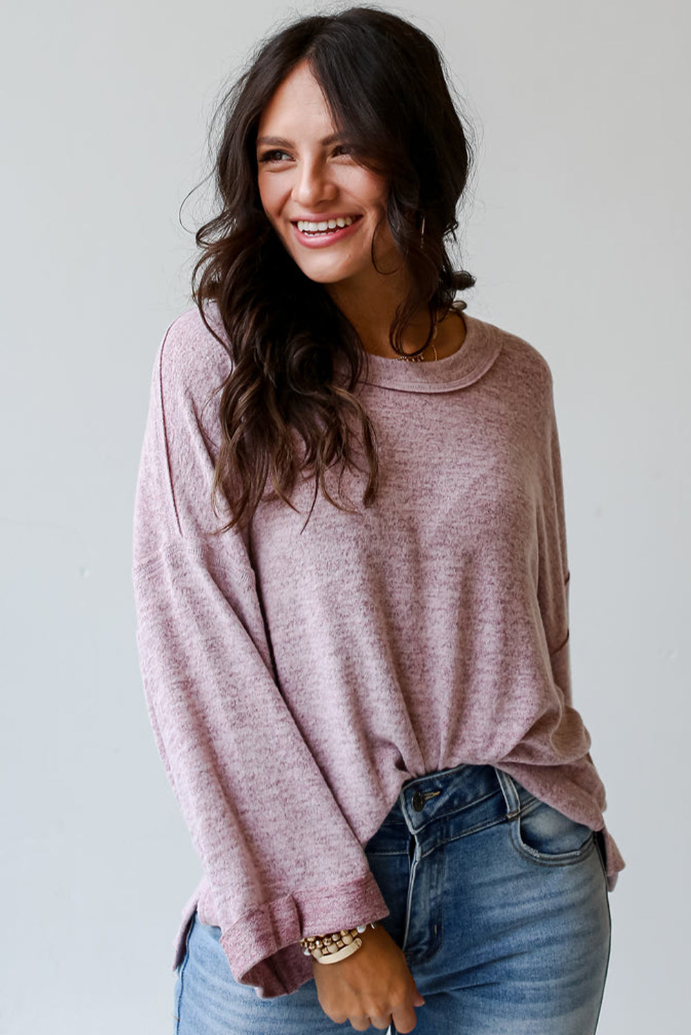 Exposed Seam Drop Shoulder Wide Long Sleeve T Shirt | Orchid Petal