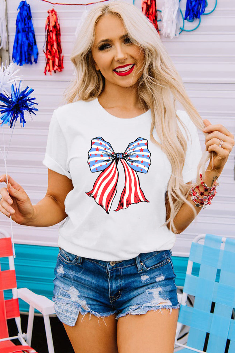 Stripes And Stars Bowknot Print T Shirt | White