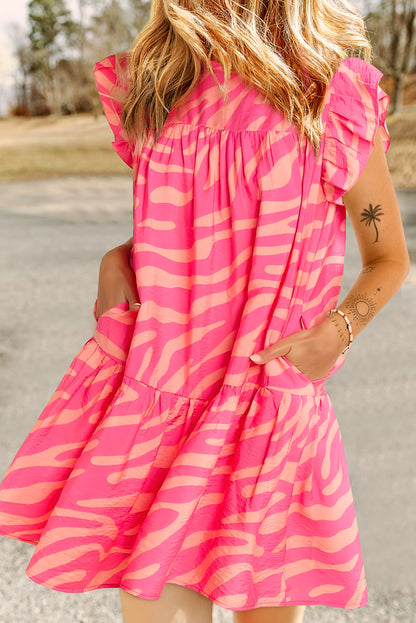 Zebra Stripe Printed Ruffle Trim Pocketed Dress | Pink