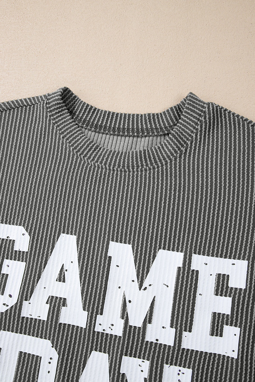 Corded Game Day Graphic Long Sleeve Crewneck Top | Dark Grey