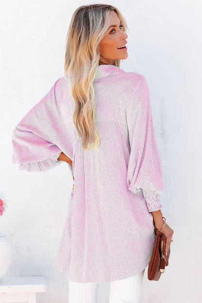 Smocked Cuffed Striped Boyfriend Shirt With Pocket | Pink