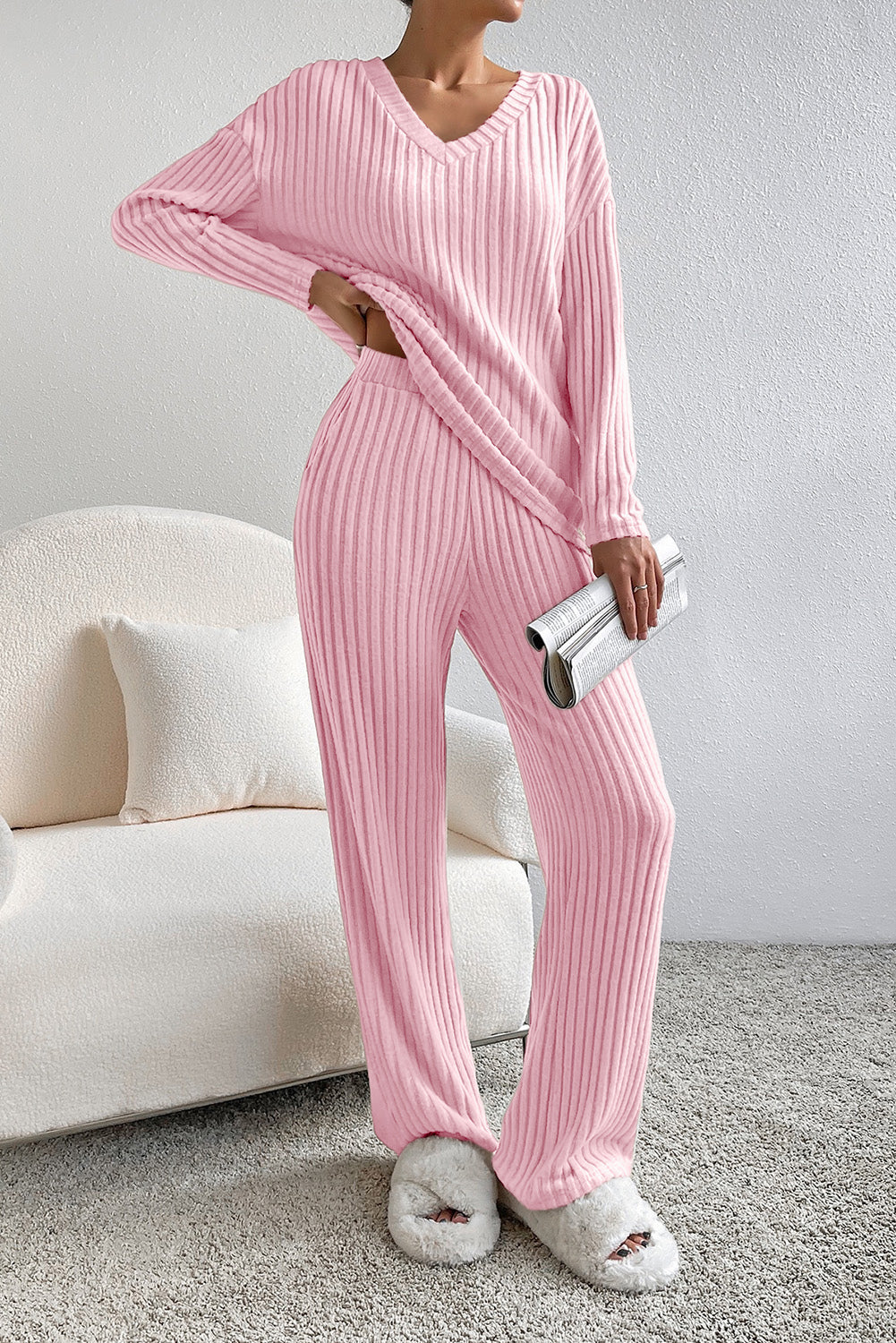 Light Pink Ribbed Knit V Neck Slouchy Two-piece Outfit