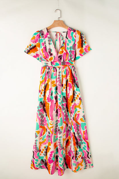 Boho Tie-Dye Print V Neck Maxi Dress | Pink