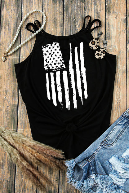 American Flag Print Cut Out Spaghetti Strap Tank Top | Black