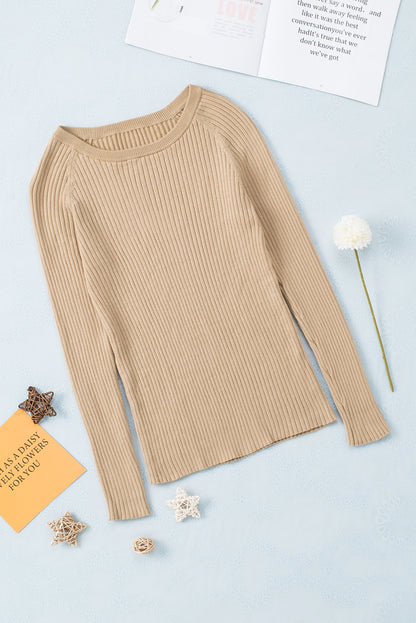 Ribbed Knit Round Neck Sweater | Apricot