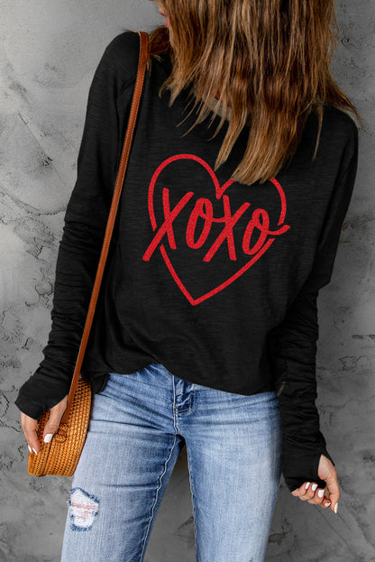 Xoxo Heart Shaped Print Long Sleeve Top | Black