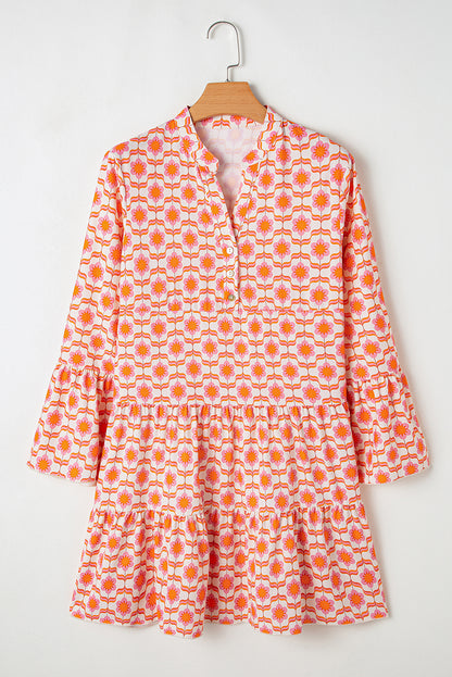 Floral Print Flounce Sleeve Buttoned Front Mini Dress | Orange