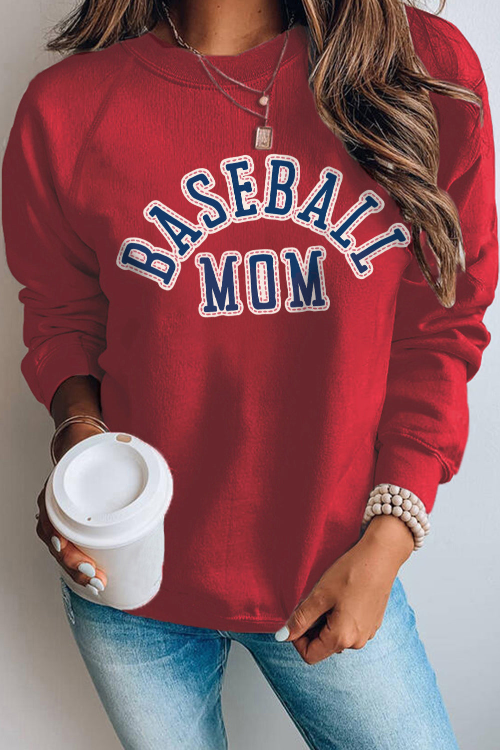 Fiery Red Baseball Mom French Terry Cotton Blend Sweatshirt