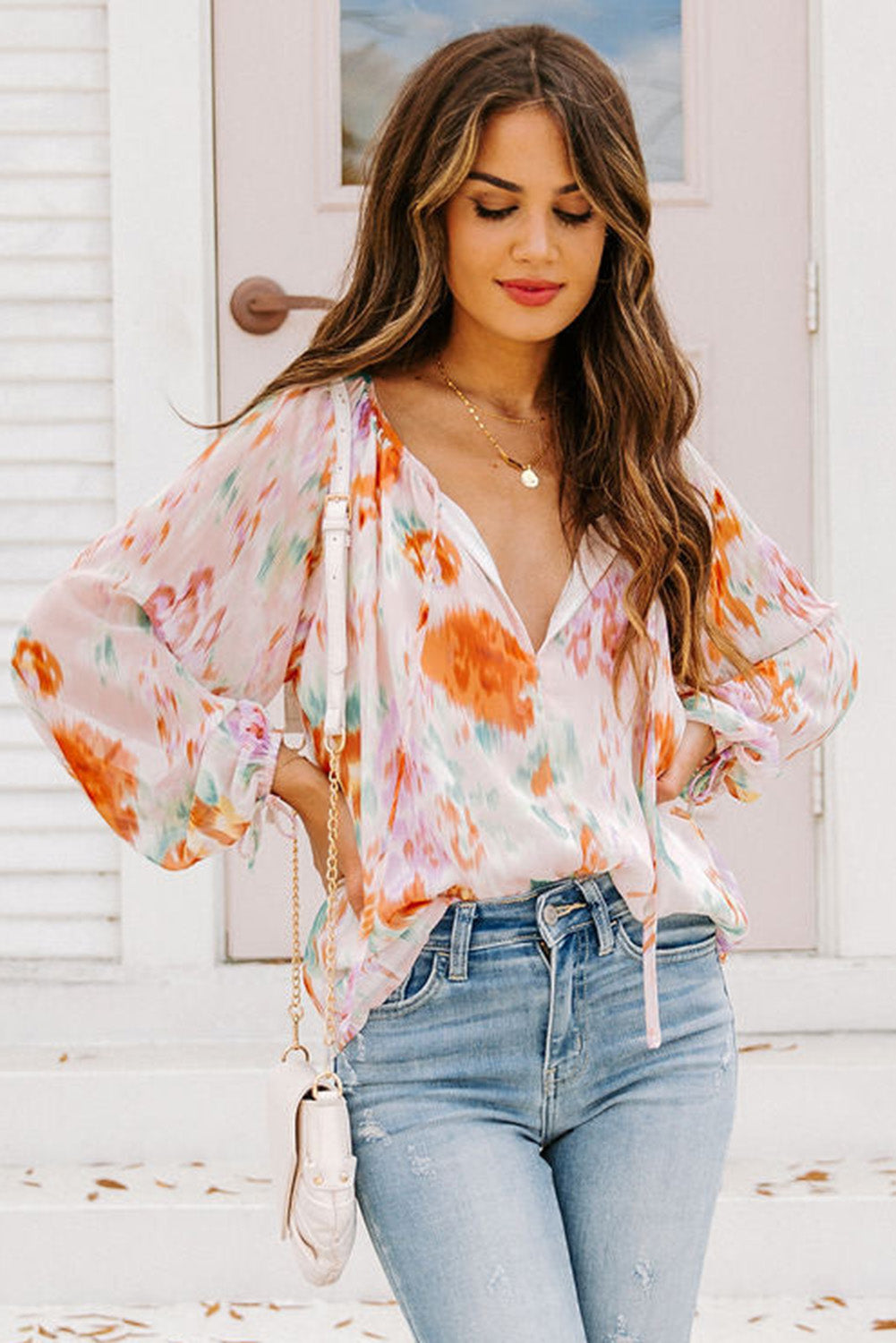 Abstract Print Split Neck Puff Sleeve Blouse | Multicolour