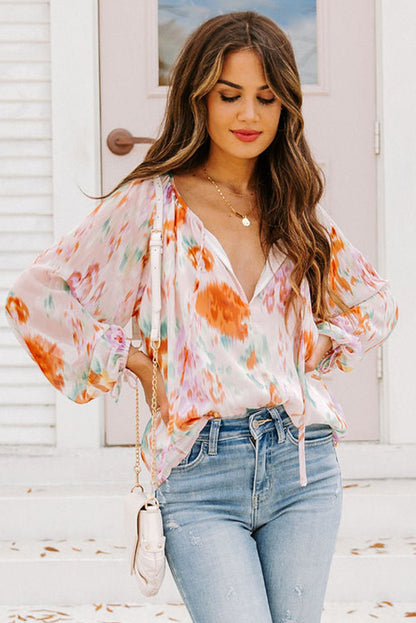 Abstract Print Split Neck Puff Sleeve Blouse | Multicolour