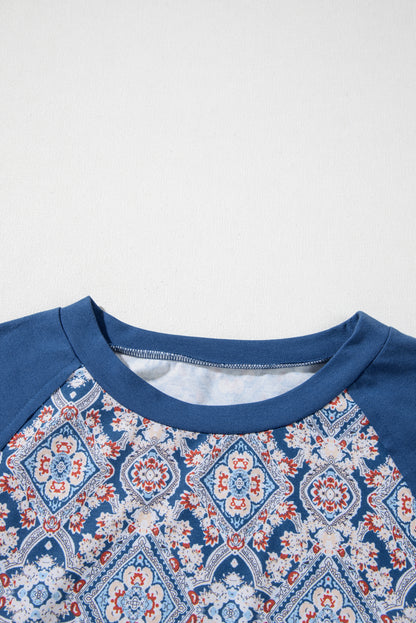 Geometric Printed Lace Patchwork Ric Rac Raglan Long Sleeve Top | Blue