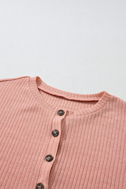 Rib Textured Henley Knit Top | Rose Tan