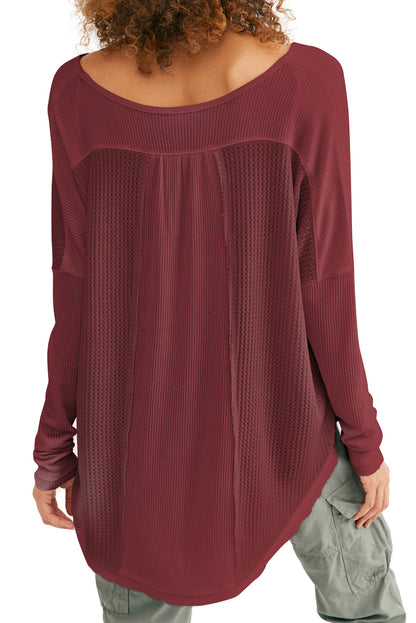 Waffle Ribbed Knit Patchwork Henley Top | Red Dahlia