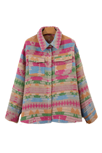 Plus Size Aztec Printed Flap Pocket Shacket | Pink