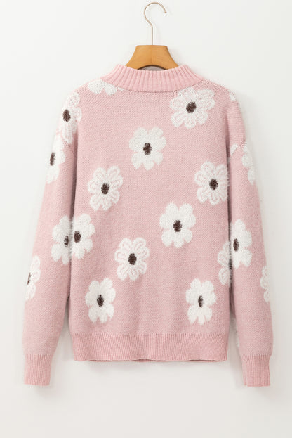 Floral Pattern Half Zip Drop Shoulder Sweater | Pink