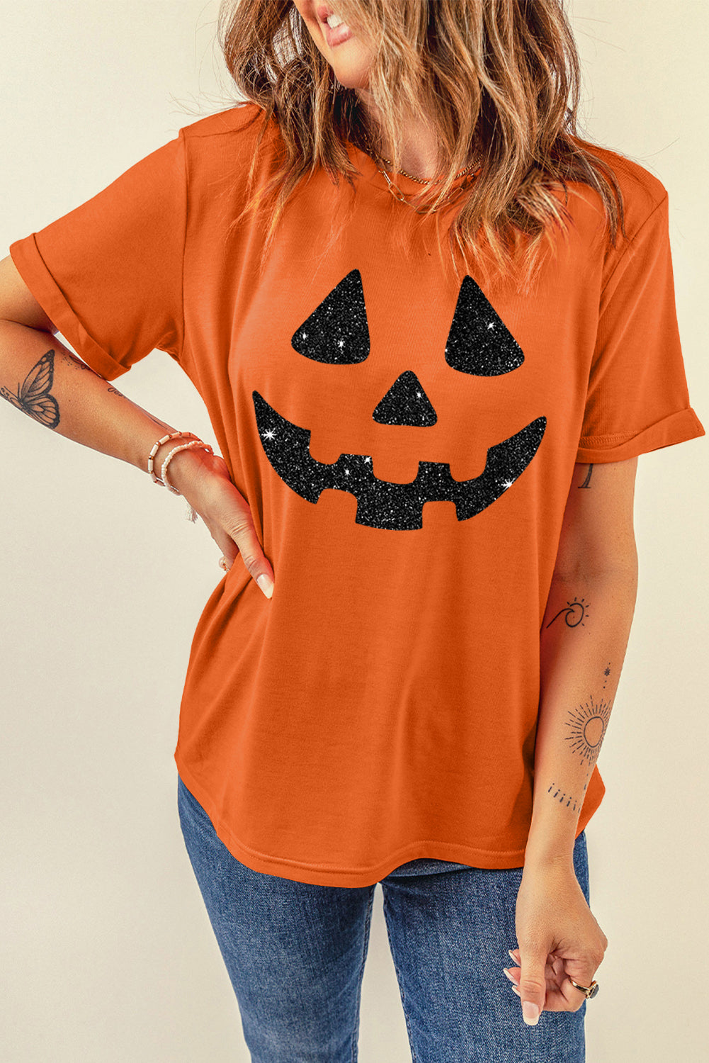 Glittering Pumpkin Face Graphic Crewneck T Shirt | Orange