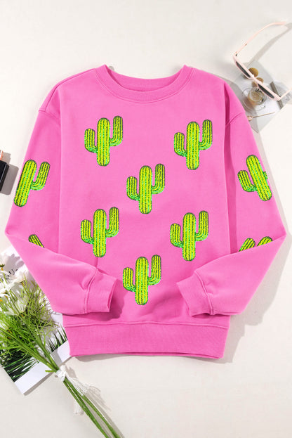 Sequined Cactus Pattern Crewneck Pullover Sweatshirt | Bonbon